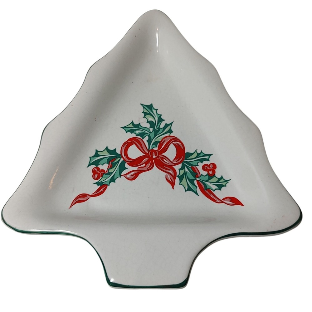 International China Christmas Tree Dish Candy‎ Nut Holly Ribbon Stoneware